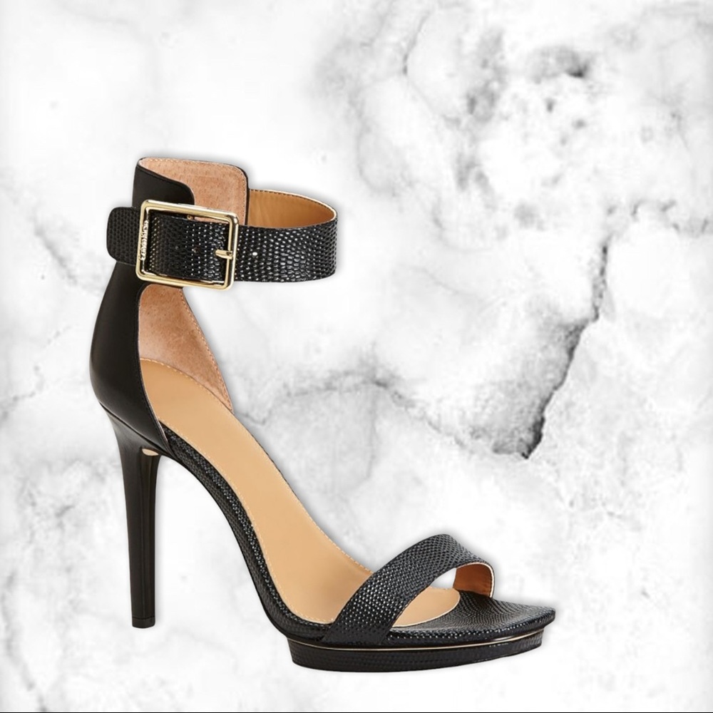 Black Strappy Pumps with Gold Buckle